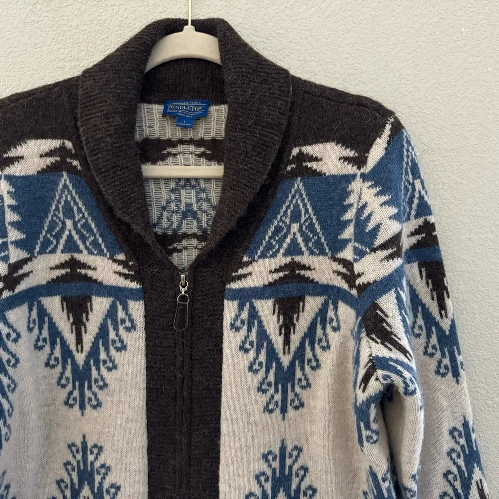 Pendleton Cardigan Sweater Wool Alpaca Knit Aztec Southwestern Country  Blue L - Picture 5 of 8